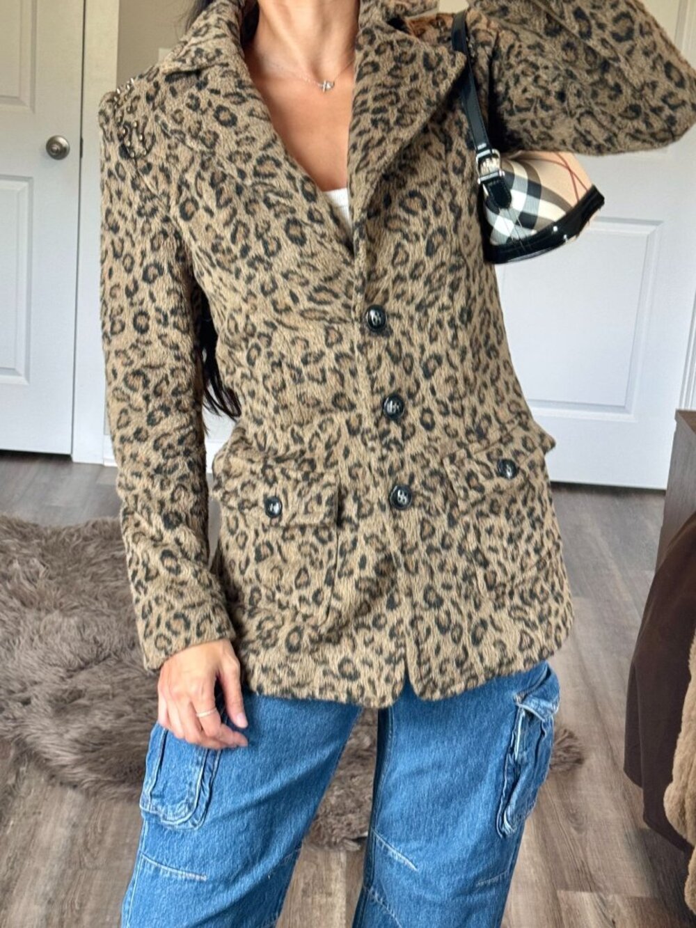 Y2K Guess Studded Leopard Faux Fur Coat Womens XS Mobwife Old Money Cheetah